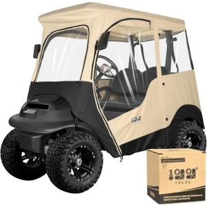 image10L0L 2 Passenger Golf Cart Driving Enclosure for Club Car Precedent Short Roof 4Sided Clear Window 600D Rain Cover All Weather Windproof WaterproofBeige