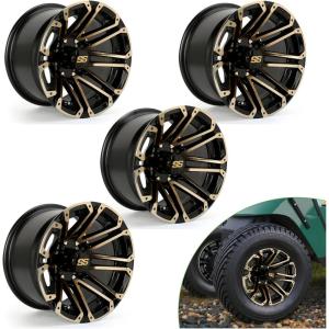 image10L0L 12 Inch Golf Cart Wheel Hubs 4Pack with SS Center Caps  For Yamaha Club Car EZGO  12x7 4  1016 Bolt Pattern 25mm Offset  Durable Powder Coated Aluminum Wheels Overall BlackGolden