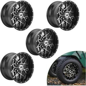 imageUniversal Aluminum 12quot Cross Wheels Set of 4 with SS Center Caps Golf Cart Accessories Lightweight Machined Black Silver For EZGO For Club Car For Yamaha